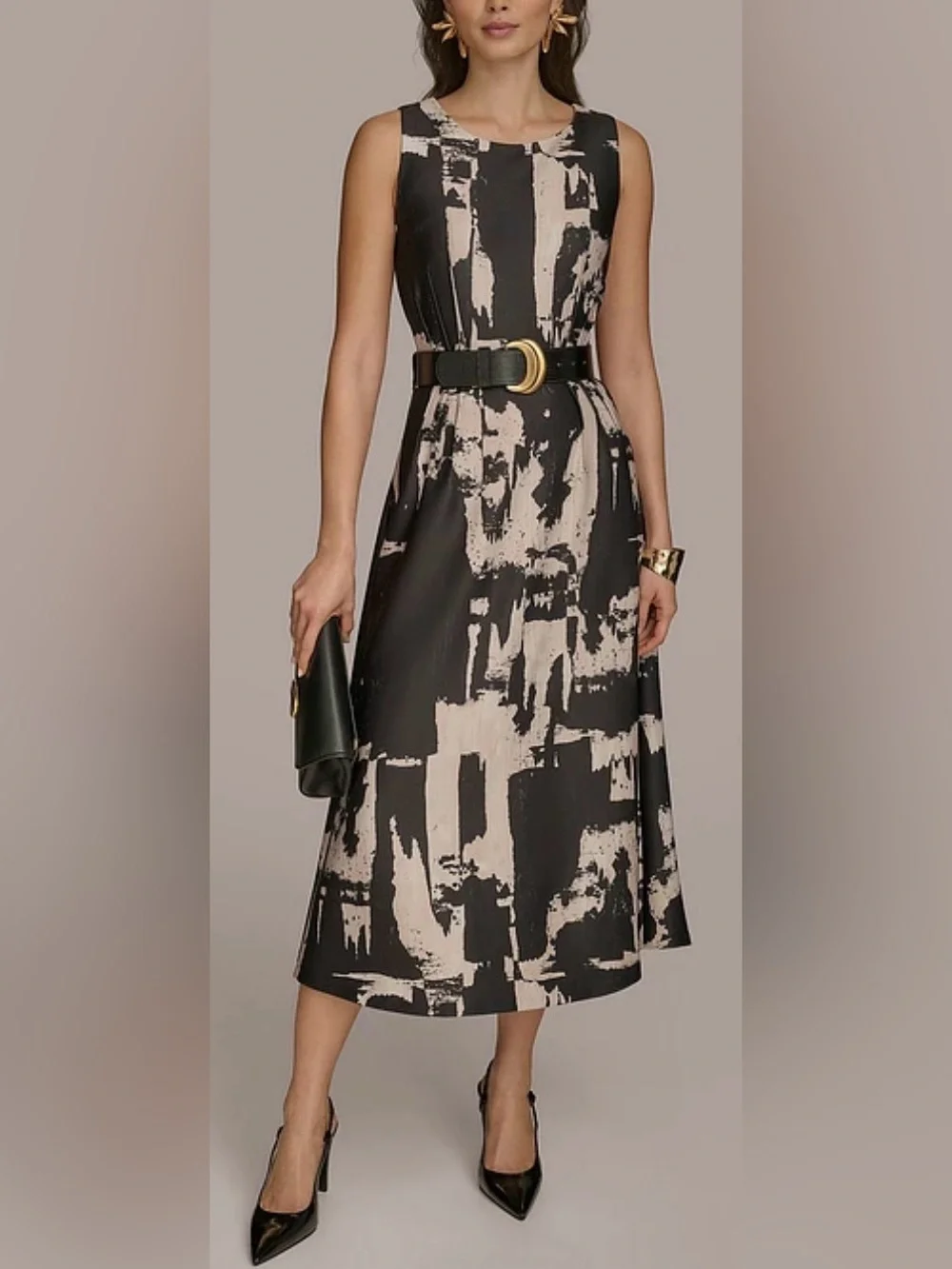 NEW Donna Karan Abstract Print Crew Neck Sleeveless Belted Scuba Midi Dress 14 - Picture 1 of 11
